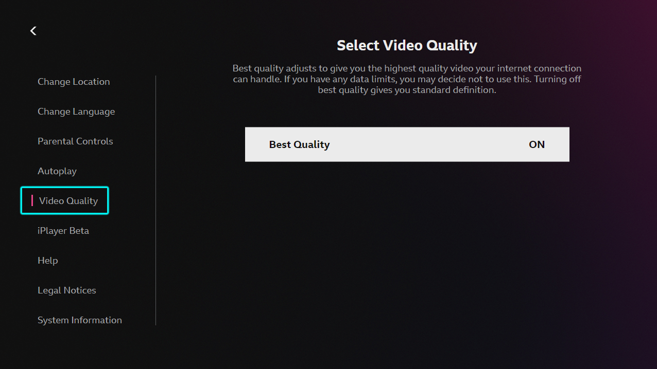 Image showing the video quality menu on the BBC iPlayer TV app. The Video Quality menu item is highlighted, and the setting shows Best Quality as ON.