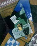 Still life with water bottle, bottle and fruit dish