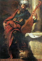 Adult David richly dressed with musical instrument and his foot on the head of a very ill-looking Goliath