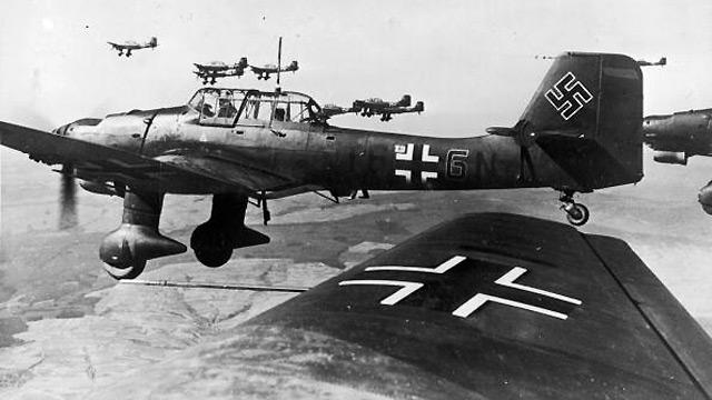 Stukas in formation in April 1940. Stukas terrorised servicemen and civilians across Europe. They were withdrawn from the Battle of Britain in mid-August after being savaged by the RAF's Hawker Hurricanes.