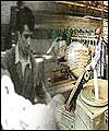 Montage of mill worker in 1960s and machinery in 2001