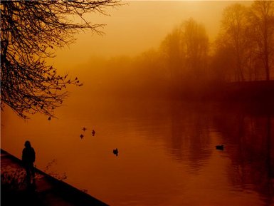 by the river.