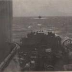 Line ahead. A view astern. An LST in our wake. Line ahead. A view astern. An LST in our wake.