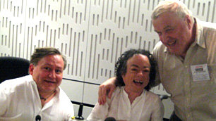 Simon Minty, Liz Carr and Kevin Mulhern in the studio