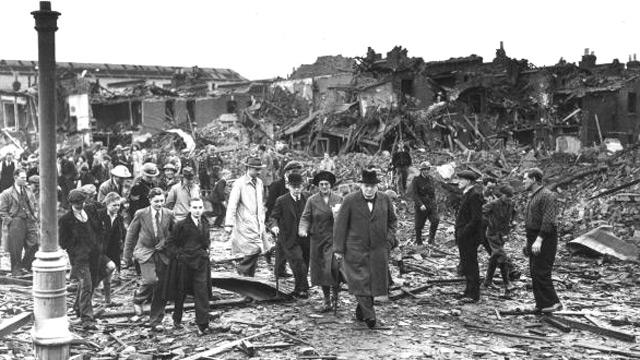 Winston Churchill inspecting bomb damage in Battersea, South London, 10 September 1940.